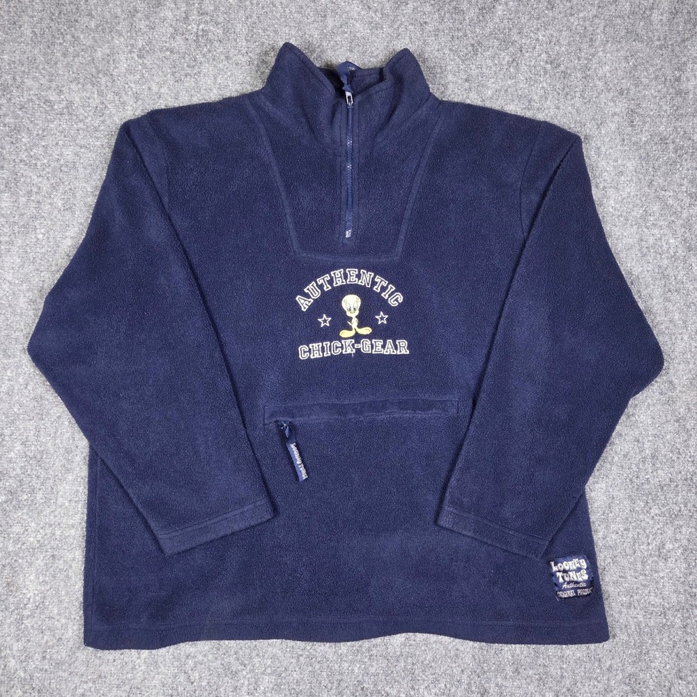 Vintage Looney Tunes Fleece Pullover Womens L Navy Tweety Bird Y2K Quarter Zip